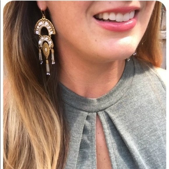 Stella & Dot | Mirage Hand-beaded White+Vintage Gold Tassel Chandelier E… - Picture 7 of 8